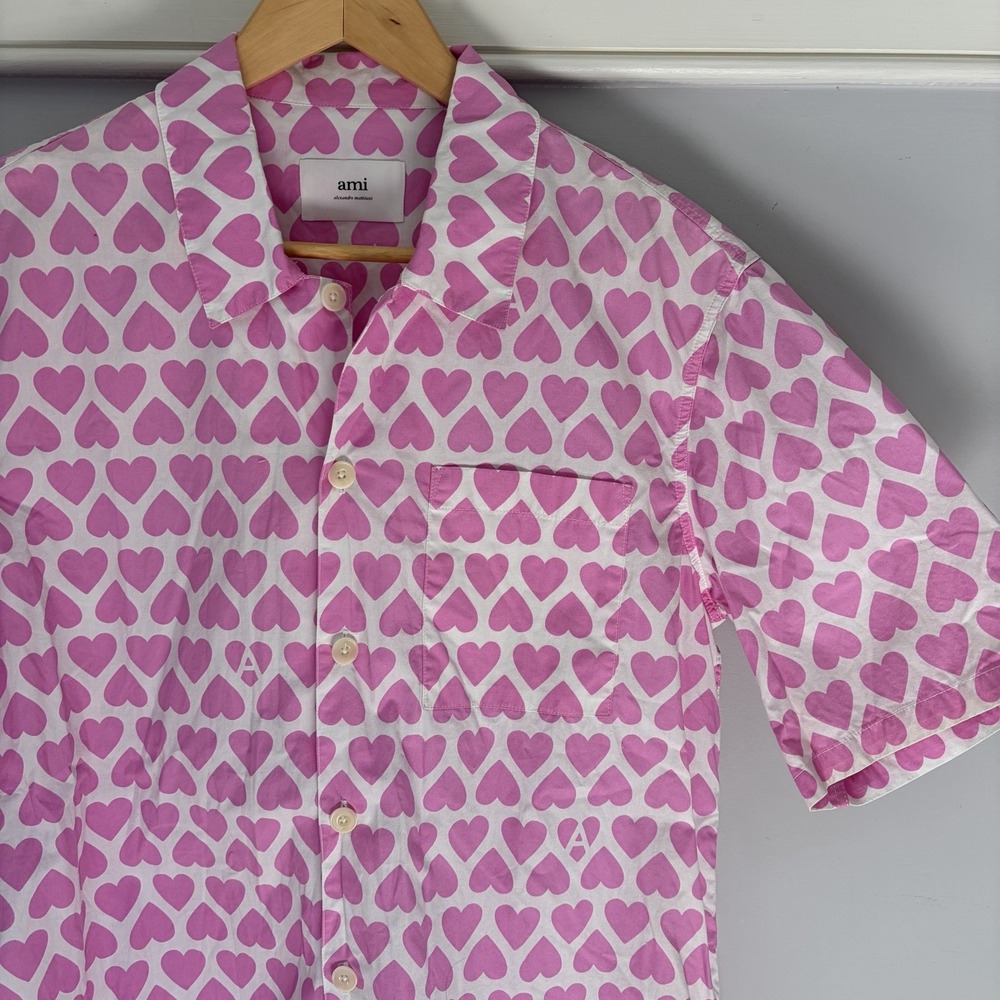 Ami Paris Allover Heart Logo Shirt Pink Button Up 40EU Medium $495.00 Designer